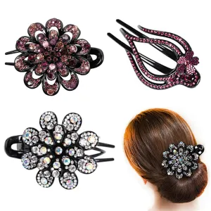 AsggBah 3pcs Hair Clips Heart Style Flower Style Duckbill Clips with Rhinestones Headdresses for Women Diamond Hair Clips with Flower Rhinestone Barrettes (White Colored   Purple)