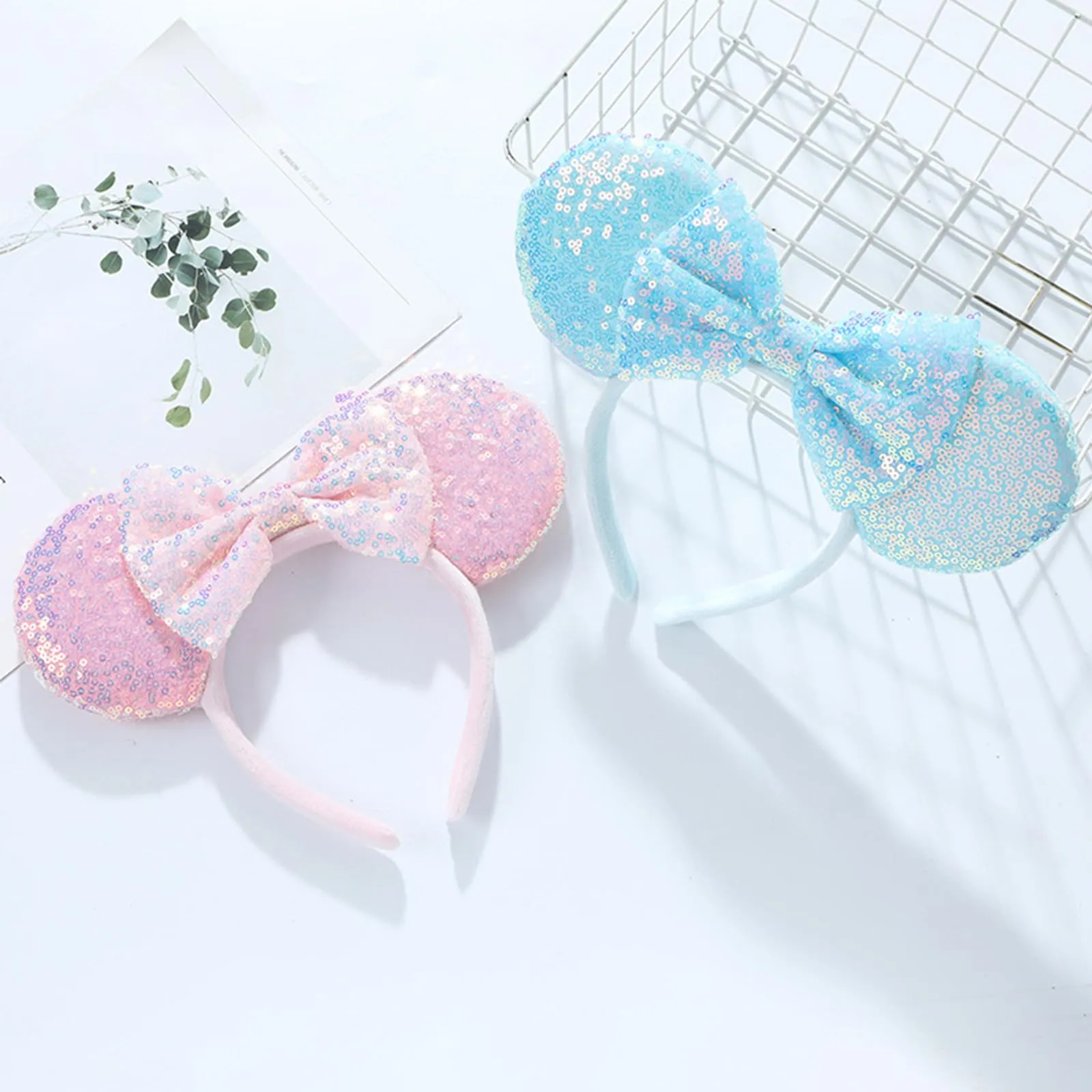 ASHONE Mouse Ears Headbands for Women Groups Mouse Ears Shiny Bows for Birthday Themed Events Accessories Party (Blue pink 2, One Size)