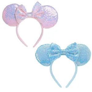 ASHONE Mouse Ears Headbands for Women Groups Mouse Ears Shiny Bows for Birthday Themed Events Accessories Party (Blue pink 2, One Size)
