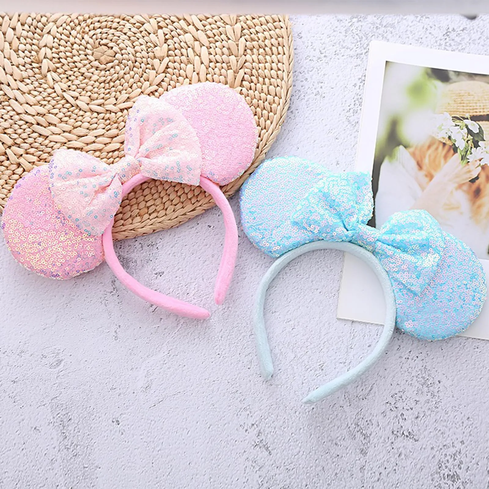 ASHONE Mouse Ears Headbands for Women Groups Mouse Ears Shiny Bows for Birthday Themed Events Accessories Party (Blue pink 2, One Size)