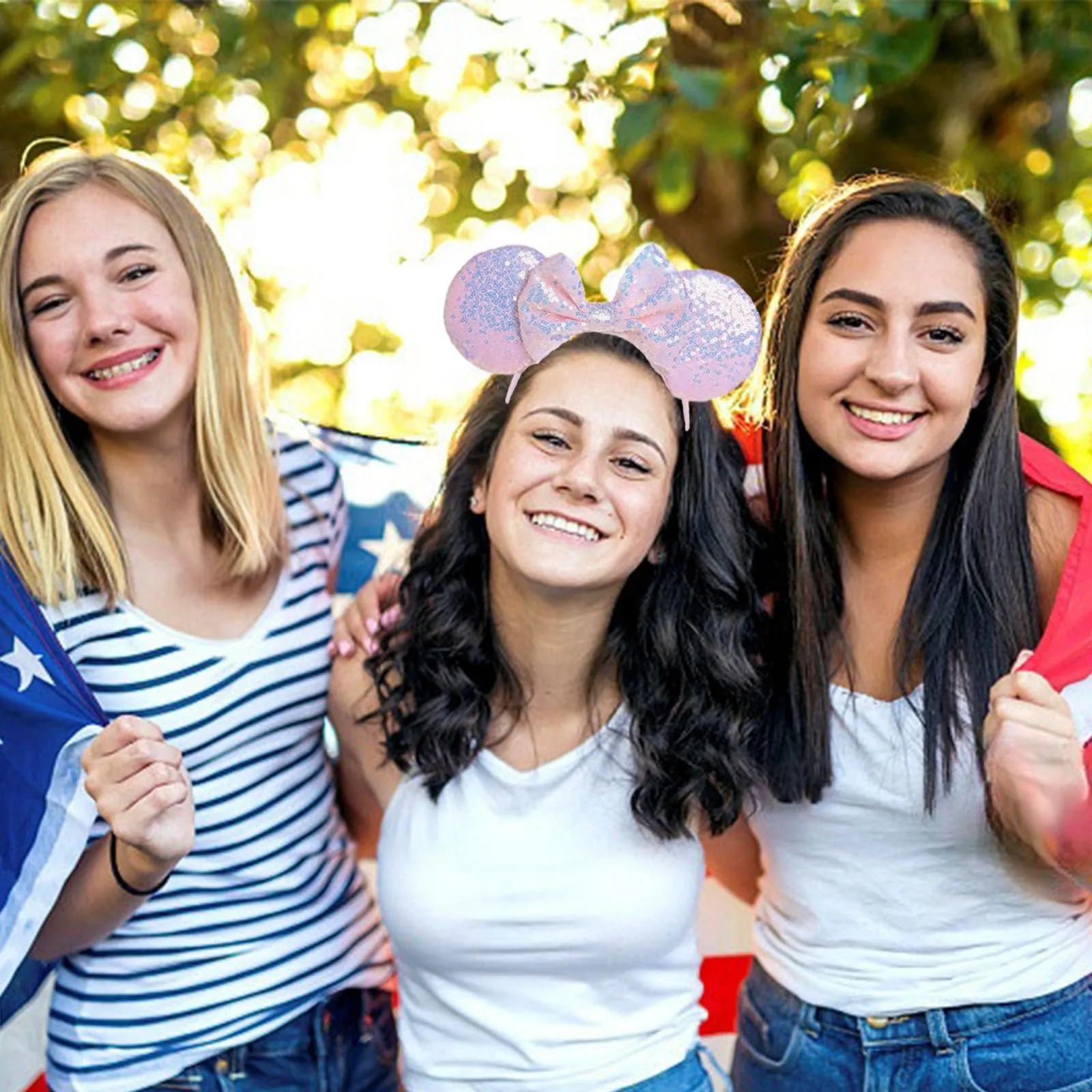ASHONE Mouse Ears Headbands for Women Groups Mouse Ears Shiny Bows for Birthday Themed Events Accessories Party (Blue pink 2, One Size)