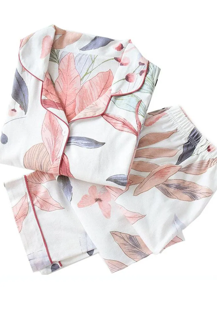 ASHORESHOP Ladies Pajamas Set Floral Printed Full Cotton Fresh Style Sleepwear Sets