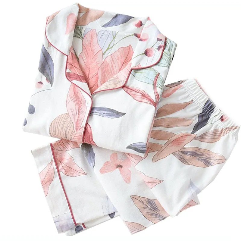 ASHORESHOP Ladies Pajamas Set Floral Printed Full Cotton Fresh Style Sleepwear Sets