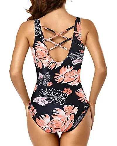 Athletic Training Bathing Suits Criss Cross One Piece Swimsuits For Teen Girls-Black Orange Floral