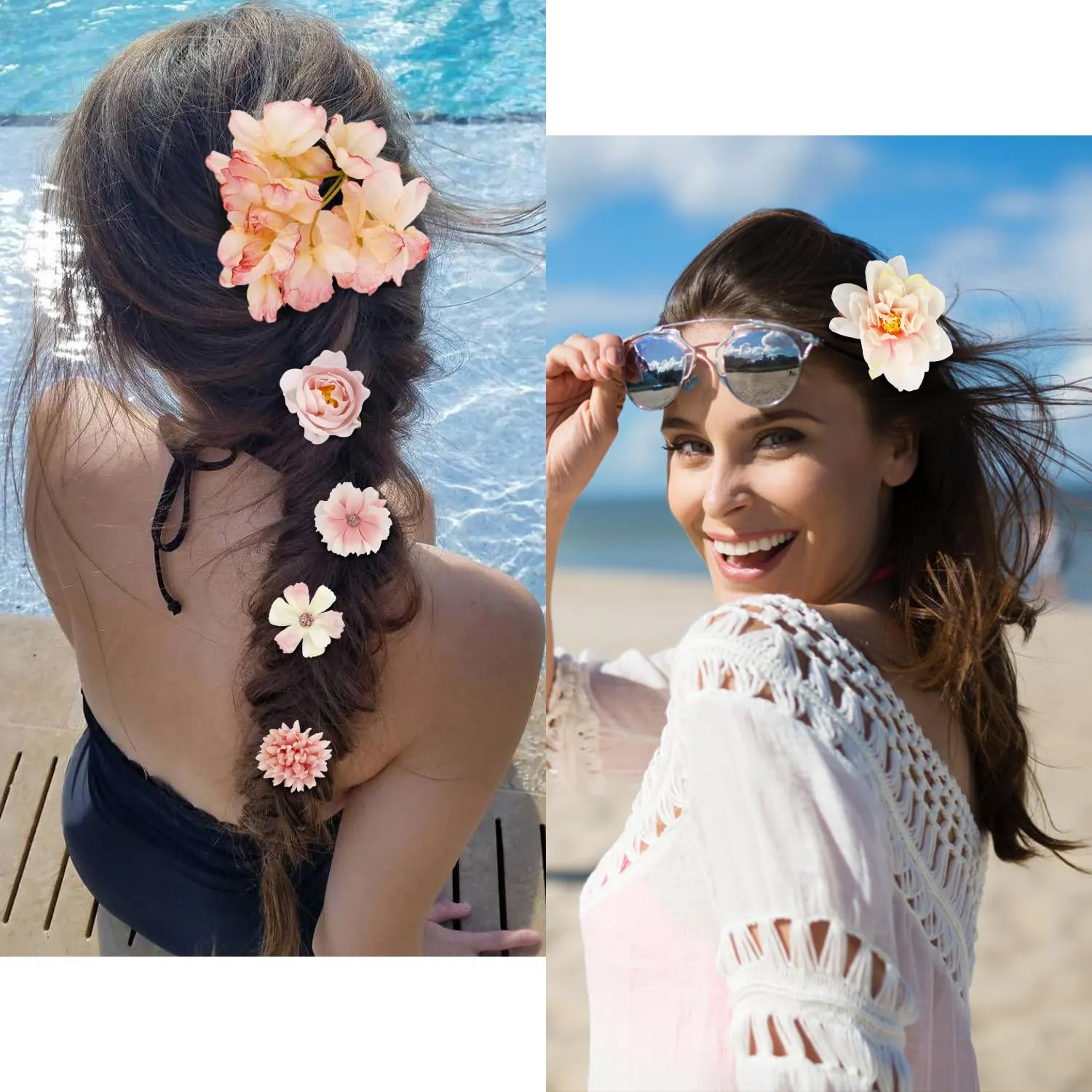 Atoden Flower Hair Clips Hawaiian Realistic Bohemian Flower Hair Clips 16 Pcs Pink Boho Hawaii Clips Artificial Rose Tropical Floral Hair Barrettes Wedding Bridal Hair Accessories for Women Girls