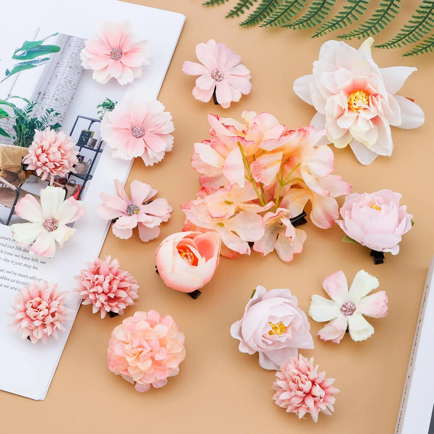 Atoden Flower Hair Clips Hawaiian Realistic Bohemian Flower Hair Clips 16 Pcs Pink Boho Hawaii Clips Artificial Rose Tropical Floral Hair Barrettes Wedding Bridal Hair Accessories for Women Girls
