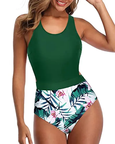 Attractive Silhouette Revealing Women One Piece Swimsuits-Green Tropical Floral