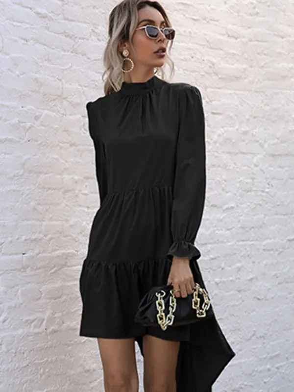 Autumn Solid Tiered High-Neck Mini Dress with Tail