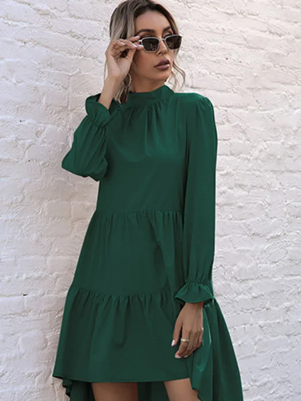 Autumn Solid Tiered High-Neck Mini Dress with Tail
