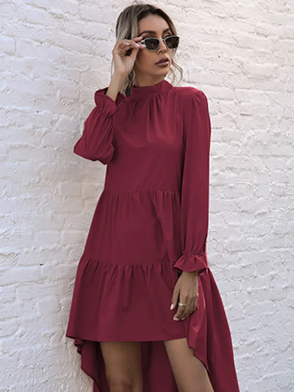 Autumn Solid Tiered High-Neck Mini Dress with Tail
