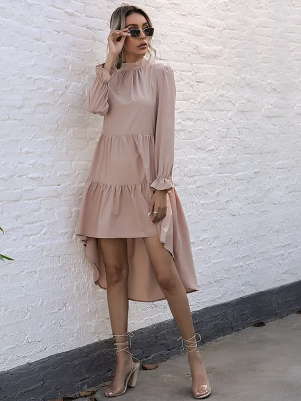 Autumn Solid Tiered High-Neck Mini Dress with Tail