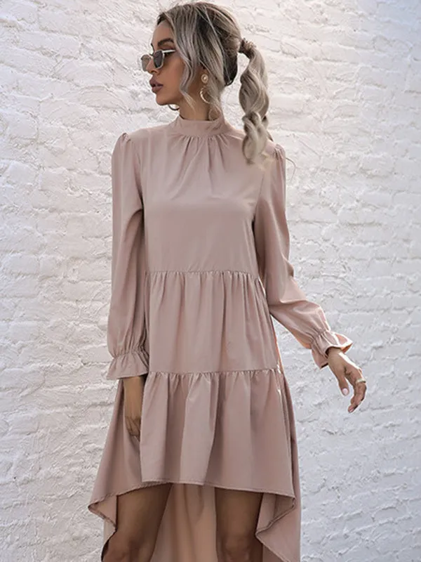 Autumn Solid Tiered High-Neck Mini Dress with Tail