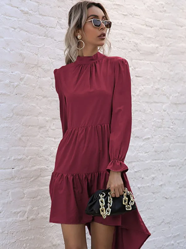 Autumn Solid Tiered High-Neck Mini Dress with Tail