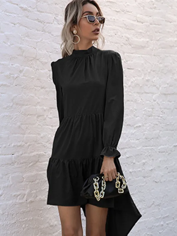 Autumn Solid Tiered High-Neck Mini Dress with Tail