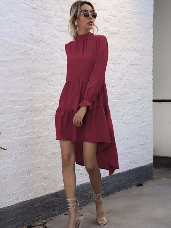 Autumn Solid Tiered High-Neck Mini Dress with Tail