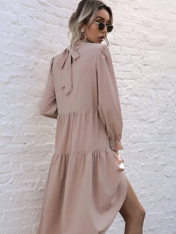 Autumn Solid Tiered High-Neck Mini Dress with Tail