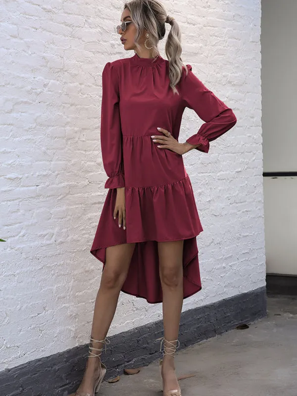 Autumn Solid Tiered High-Neck Mini Dress with Tail