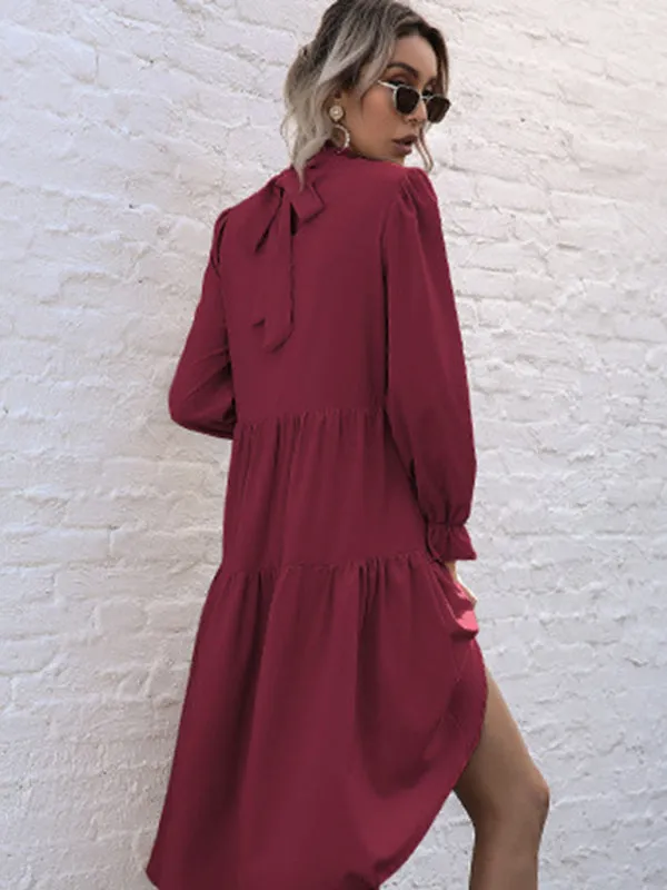 Autumn Solid Tiered High-Neck Mini Dress with Tail