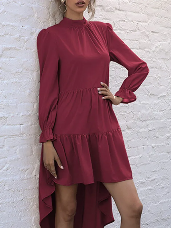Autumn Solid Tiered High-Neck Mini Dress with Tail