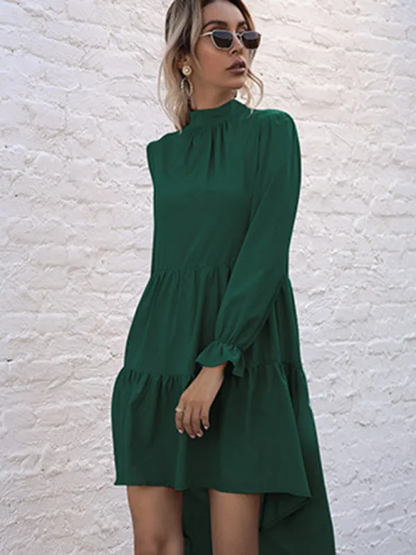 Autumn Solid Tiered High-Neck Mini Dress with Tail