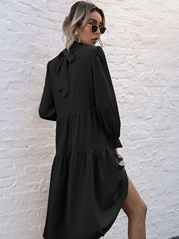 Autumn Solid Tiered High-Neck Mini Dress with Tail