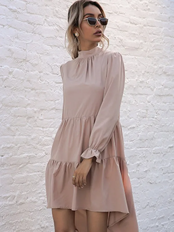 Autumn Solid Tiered High-Neck Mini Dress with Tail