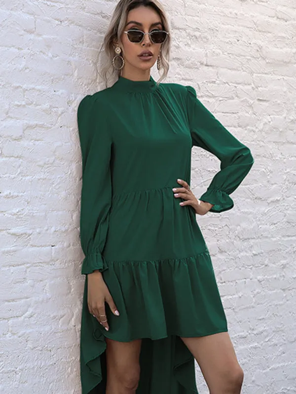 Autumn Solid Tiered High-Neck Mini Dress with Tail