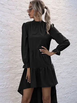 Autumn Solid Tiered High-Neck Mini Dress with Tail