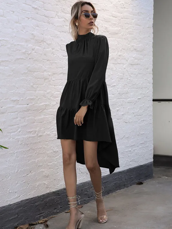 Autumn Solid Tiered High-Neck Mini Dress with Tail