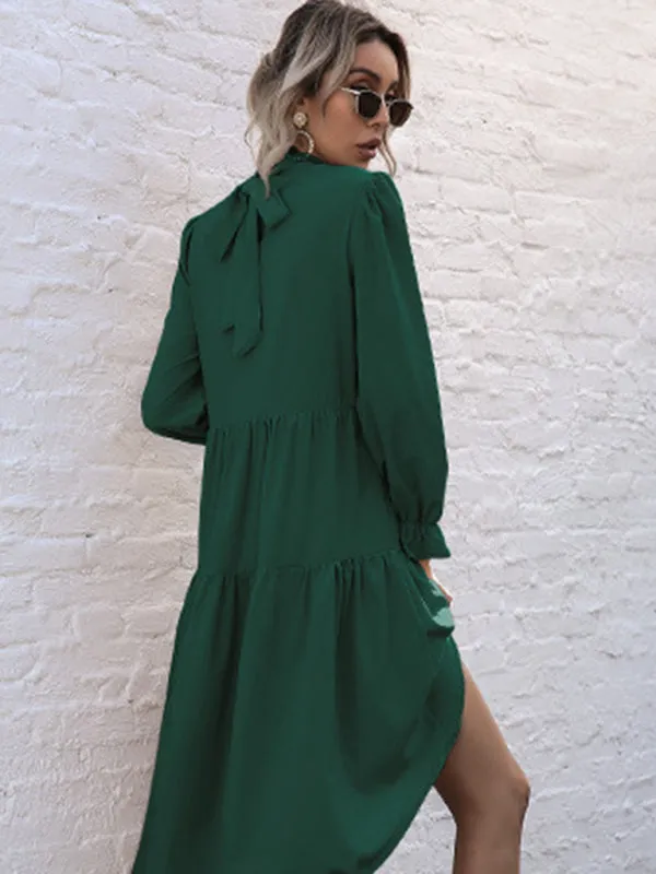 Autumn Solid Tiered High-Neck Mini Dress with Tail