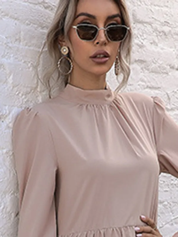 Autumn Solid Tiered High-Neck Mini Dress with Tail