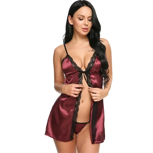 Avidlove Female Sexy Transparent Chemise Babydolls Front Open Stitch Deep V Neck Nightwear Lace Patchwork Hot Erotic Lingeries