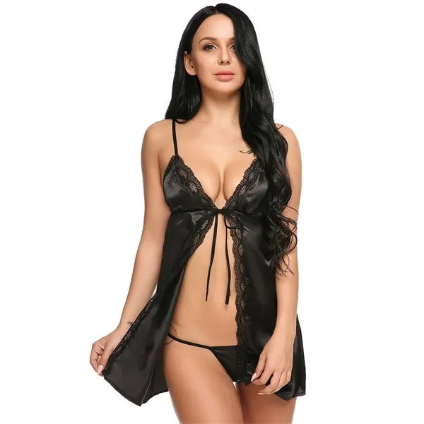 Avidlove Female Sexy Transparent Chemise Babydolls Front Open Stitch Deep V Neck Nightwear Lace Patchwork Hot Erotic Lingeries
