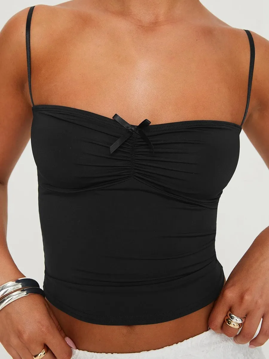 Back To School Joskaa Women's Y2K Vintage Summer Crop Camisole Slim Fit 3D Bow Ruched Sweetheart Neck Backless Thin Spaghetti Strap Tops
