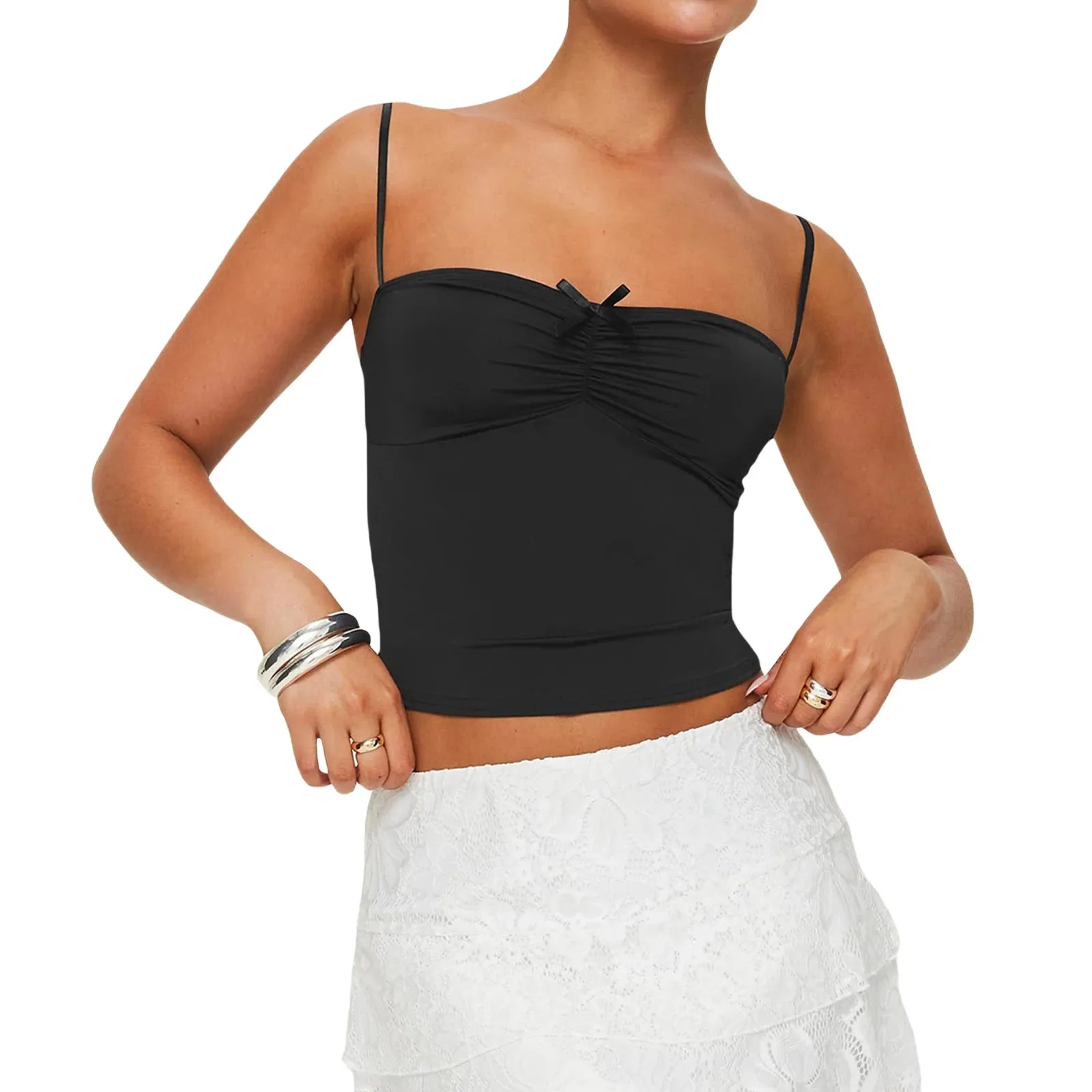 Back To School Joskaa Women's Y2K Vintage Summer Crop Camisole Slim Fit 3D Bow Ruched Sweetheart Neck Backless Thin Spaghetti Strap Tops