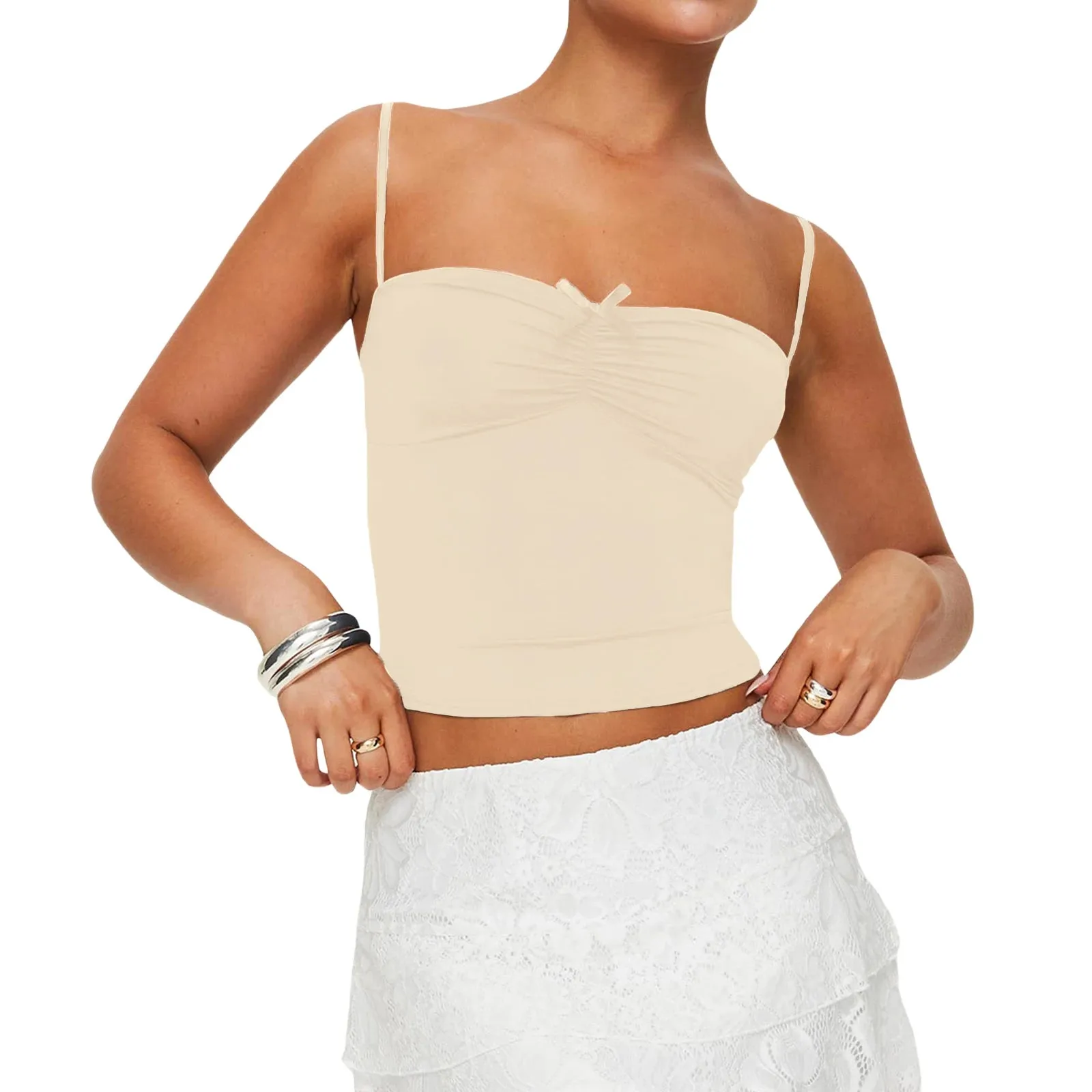 Back To School Joskaa Women's Y2K Vintage Summer Crop Camisole Slim Fit 3D Bow Ruched Sweetheart Neck Backless Thin Spaghetti Strap Tops