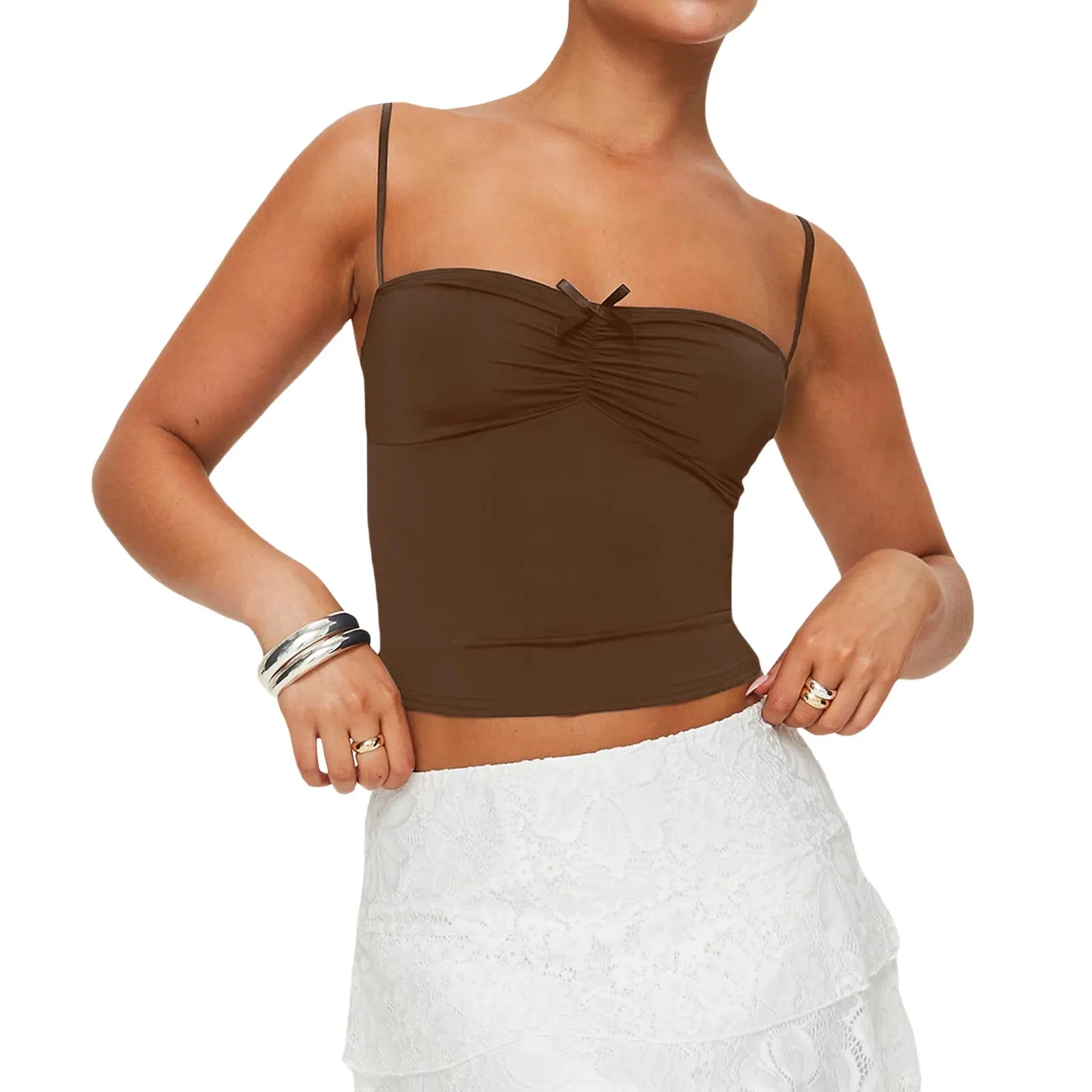 Back To School Joskaa Women's Y2K Vintage Summer Crop Camisole Slim Fit 3D Bow Ruched Sweetheart Neck Backless Thin Spaghetti Strap Tops