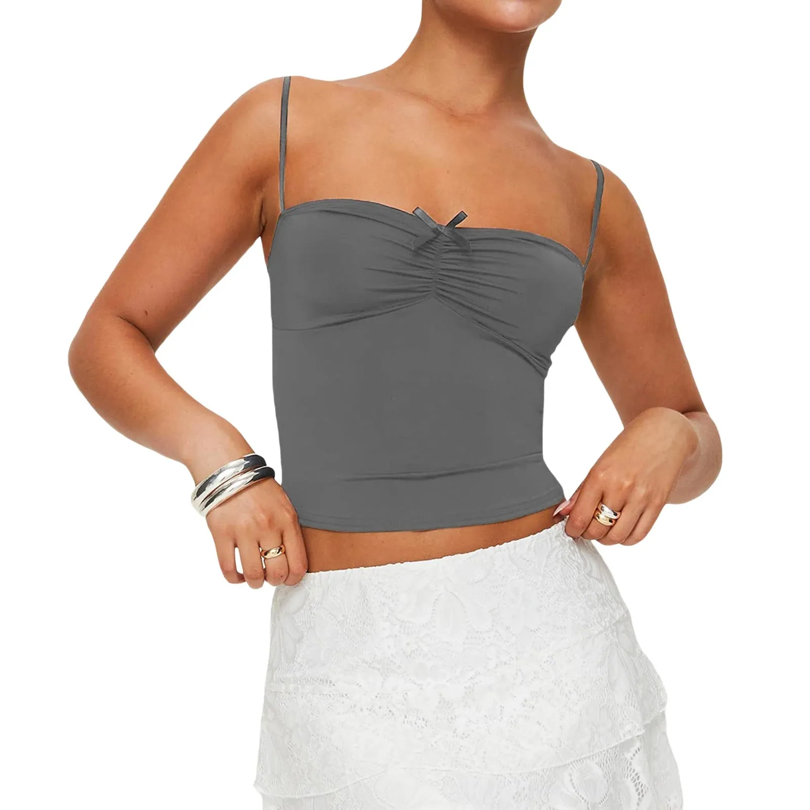 Back To School Joskaa Women's Y2K Vintage Summer Crop Camisole Slim Fit 3D Bow Ruched Sweetheart Neck Backless Thin Spaghetti Strap Tops