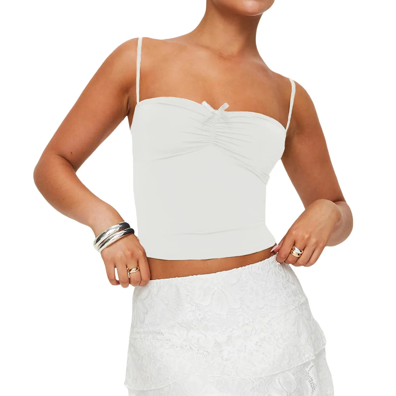 Back To School Joskaa Women's Y2K Vintage Summer Crop Camisole Slim Fit 3D Bow Ruched Sweetheart Neck Backless Thin Spaghetti Strap Tops