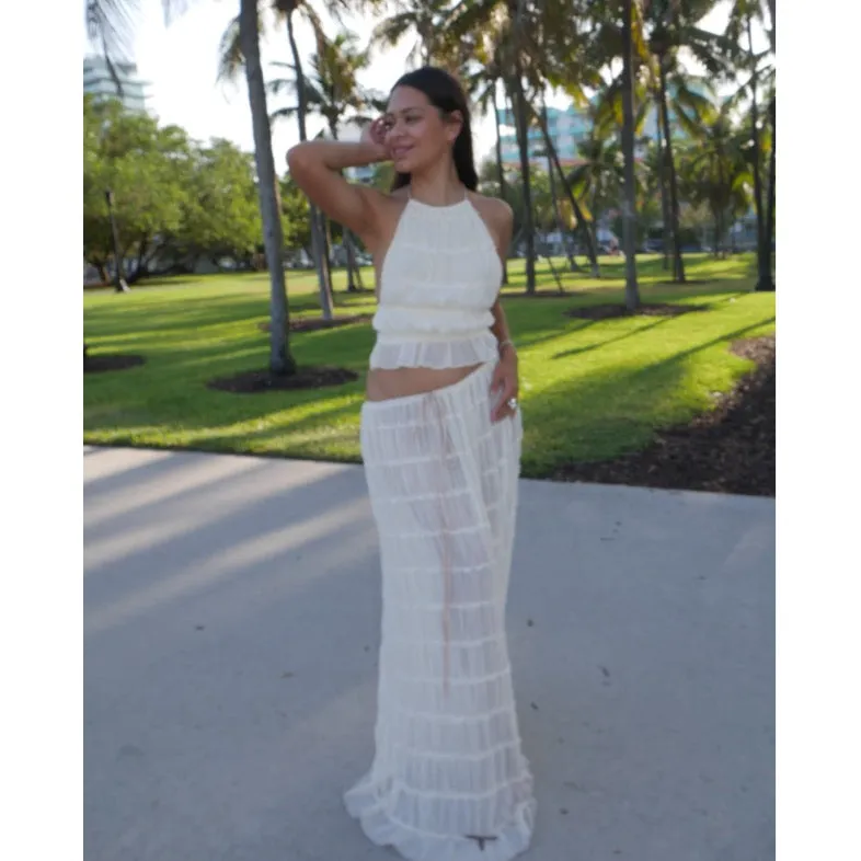 Backless lace-up halter top set and two-piece chiffon pleated long skirt adjustable back