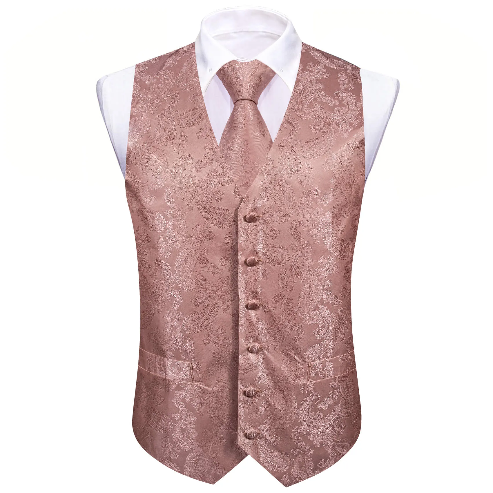 Barry Wang 5pcs Mens Waistcoat Set Dusty Rose Pink Paisley Vest