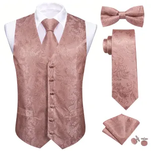 Barry Wang 5pcs Mens Waistcoat Set Dusty Rose Pink Paisley Vest