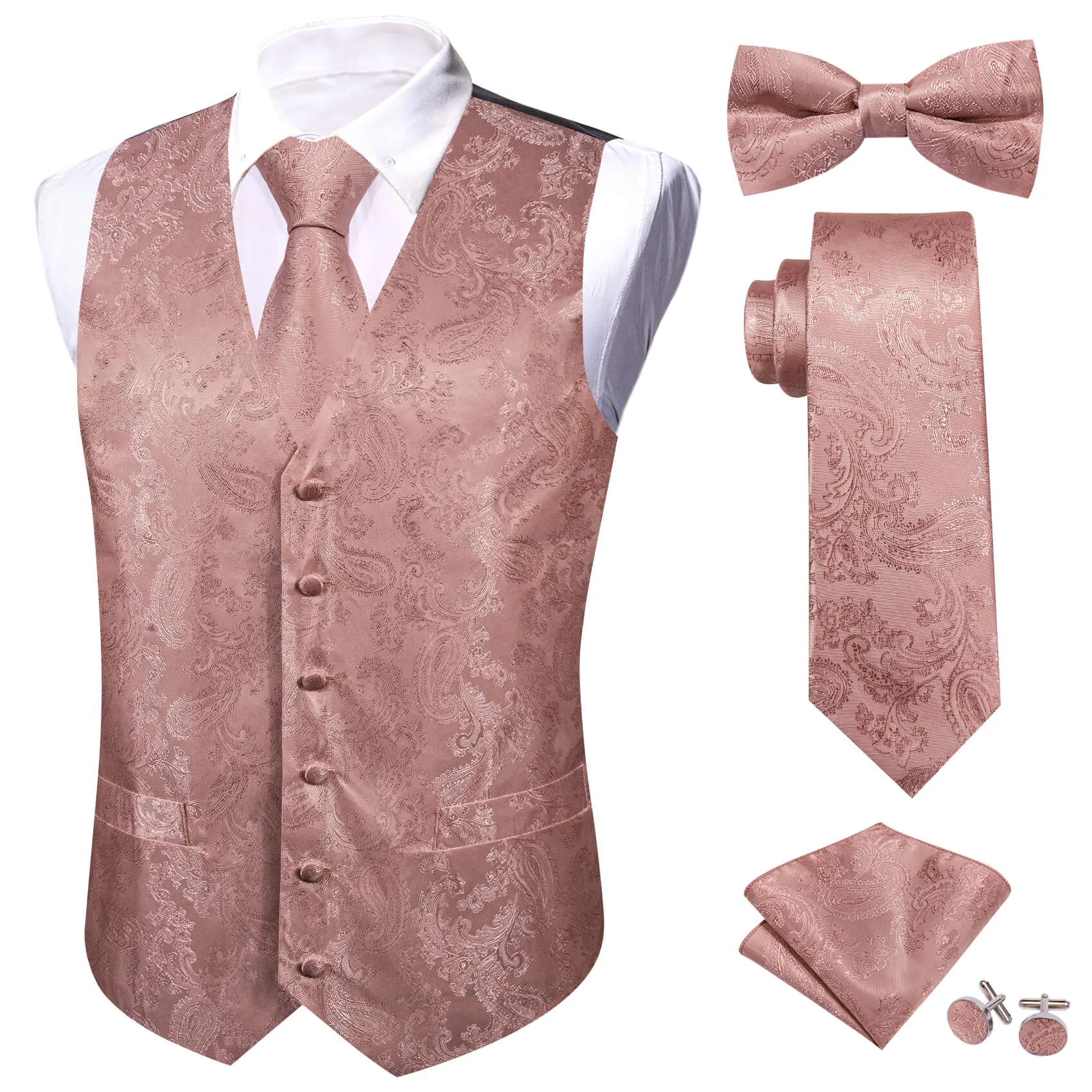 Barry Wang 5pcs Mens Waistcoat Set Dusty Rose Pink Paisley Vest