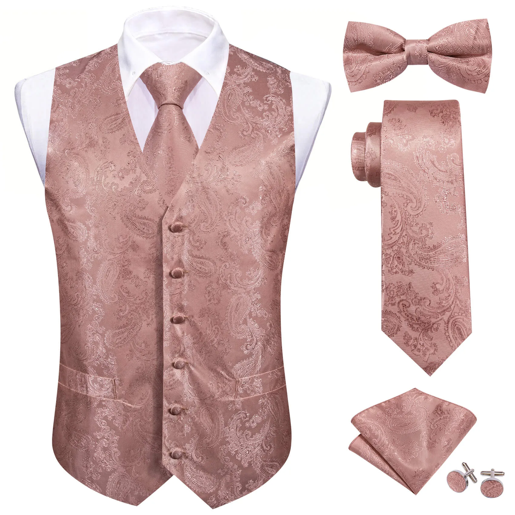 Barry Wang 5pcs Mens Waistcoat Set Dusty Rose Pink Paisley Vest