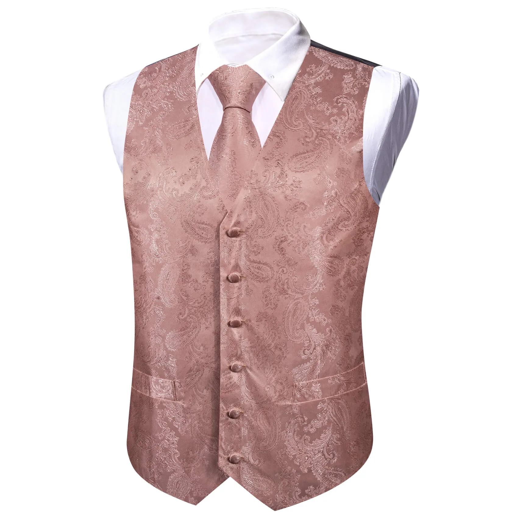 Barry Wang 5pcs Mens Waistcoat Set Dusty Rose Pink Paisley Vest