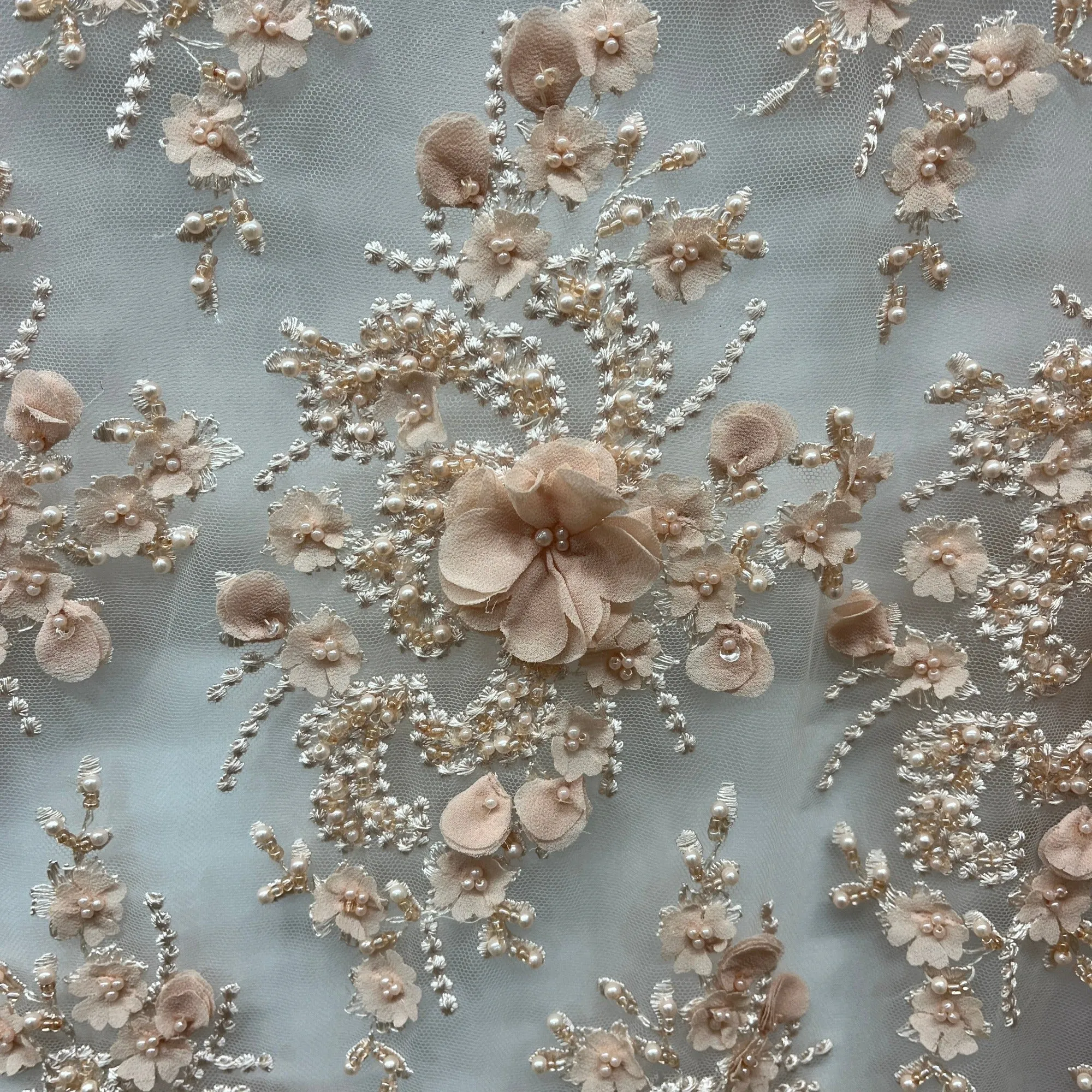 Beaded 3D Floral Lace Fabric Embroidered on 100% Polyester Net Mesh 
| Lace USA - GD-362