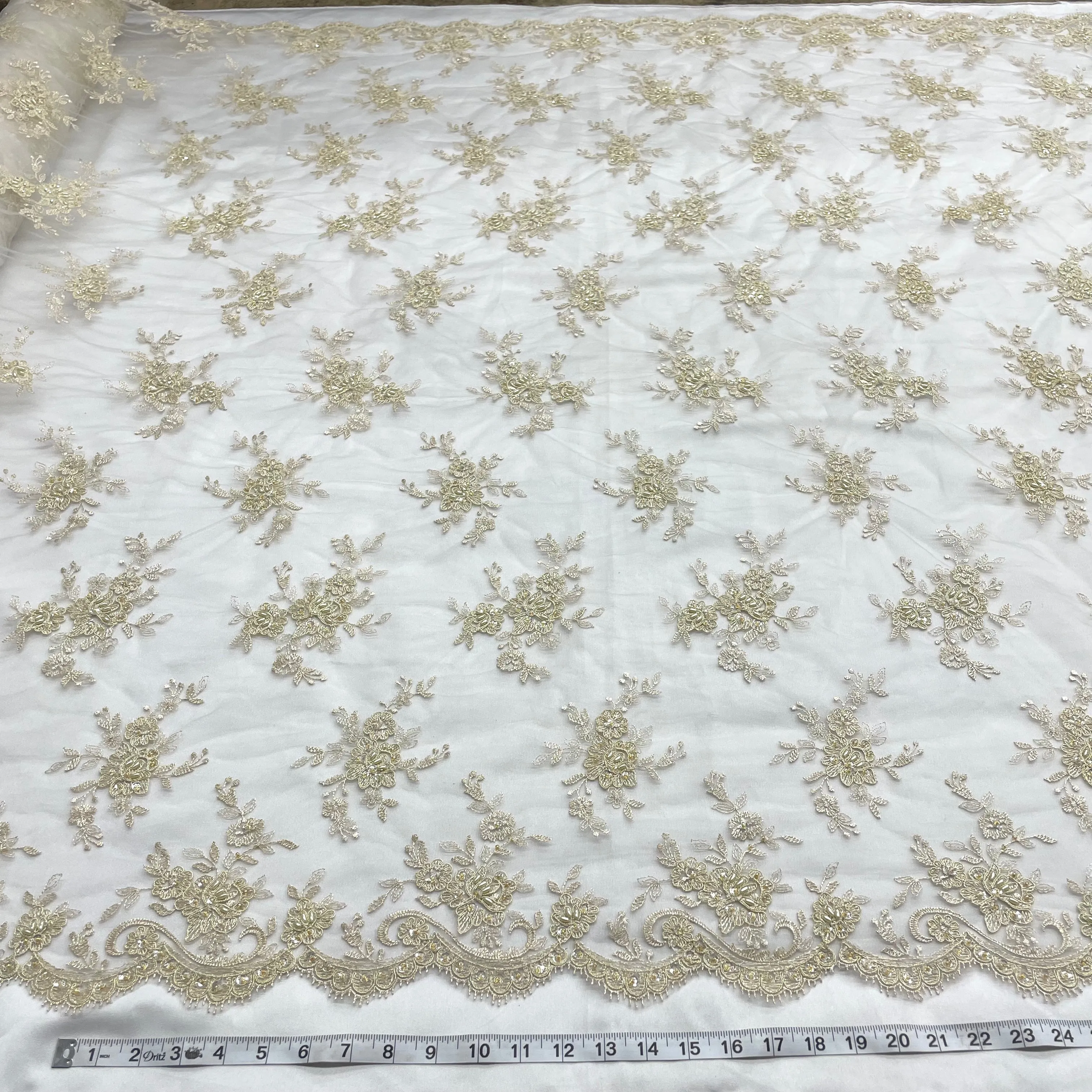 Beaded & Corded Bridal Fabric Lace Embroidered on 100% Polyester Net Mesh | Lace USA - 96517W-BP