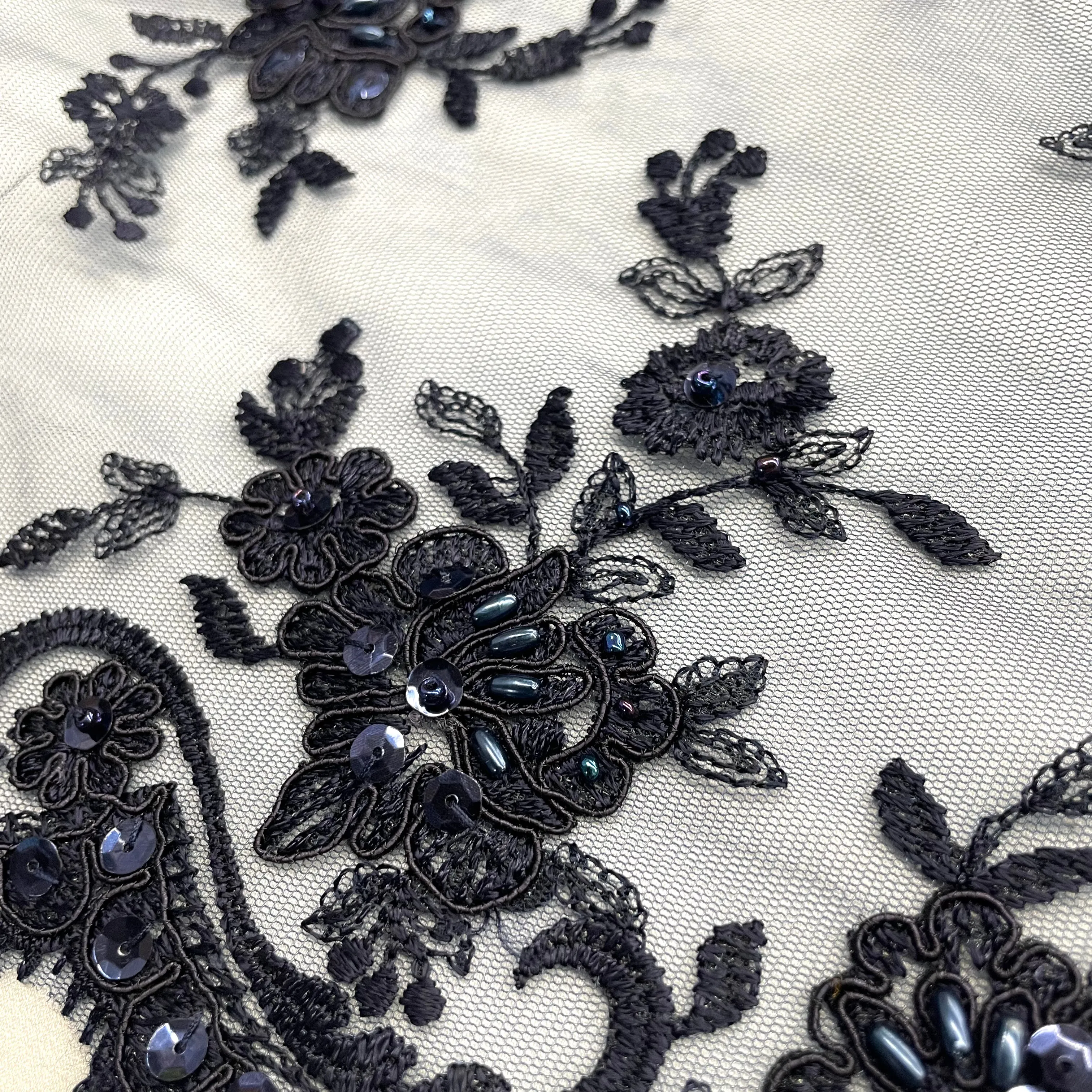 Beaded & Corded Bridal Fabric Lace Embroidered on 100% Polyester Net Mesh | Lace USA - 96517W-BP