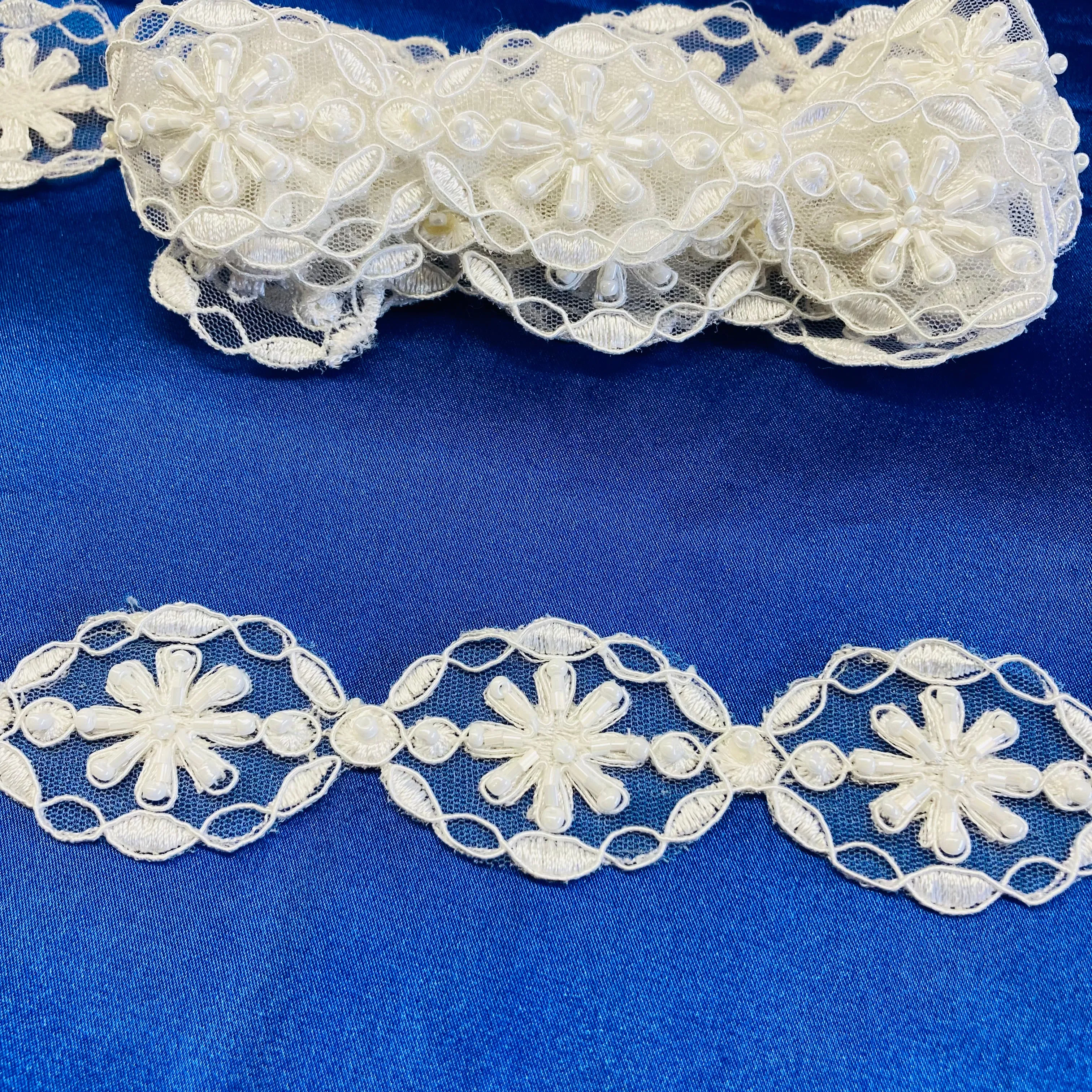 Beaded & Corded Lace Trimming Embroidered on 100% Polyester Net Mesh | Lace USA - 96775W-BP