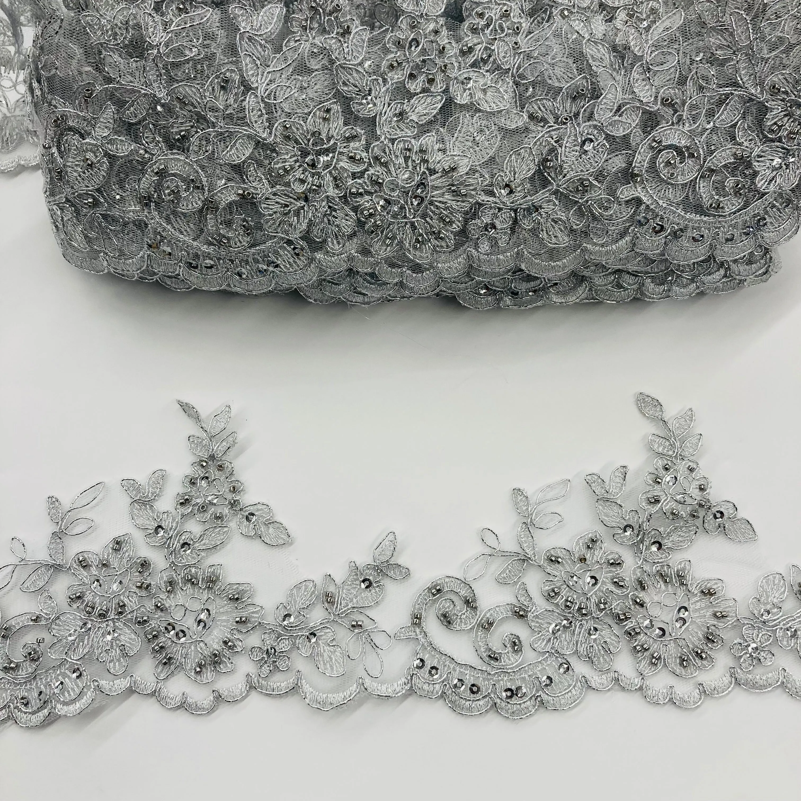 Beaded & Corded Lace Trimming Embroidered on 100% Polyester Net Mesh | Lace USA - 96796W-HB